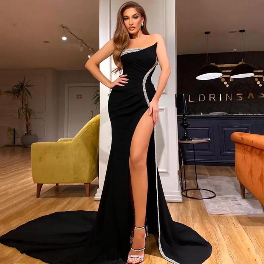 Sexy Black Mermaid Slit Prom Dress With Silver Sequins