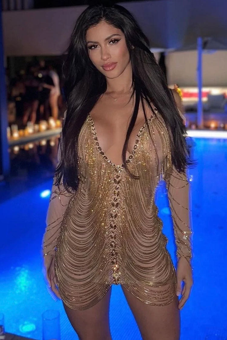 Sexy Deep V Cold Shoulder Sheer Mesh Rhinestone Fringe Party Mini Dress - Gold