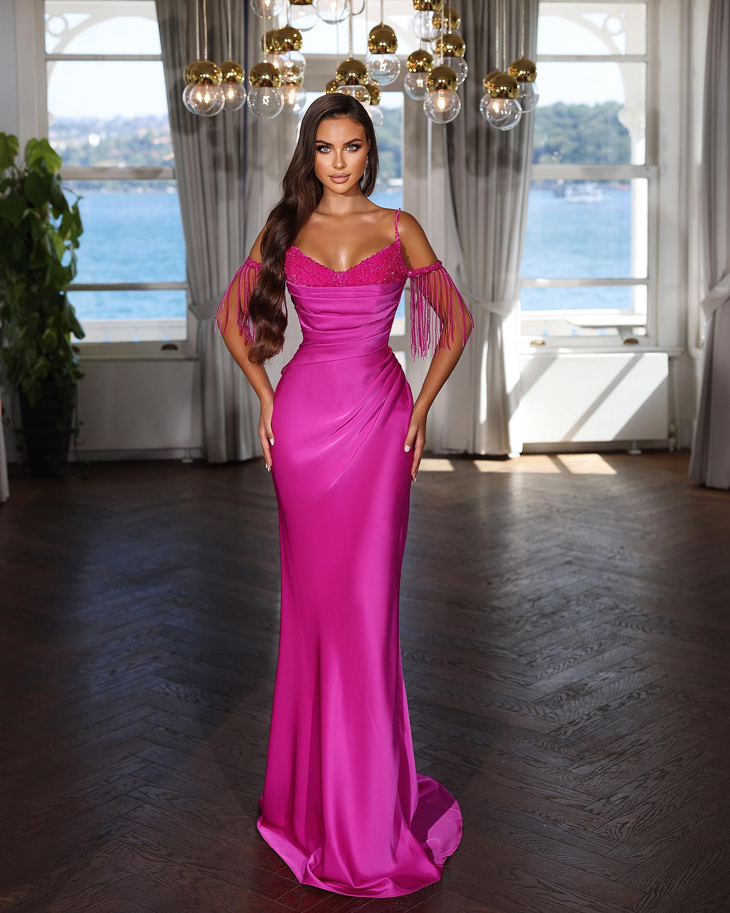 Sexy Floor-Length Spaghetti-Strap Mermaid Satin Evening Dress with Intricate Beads