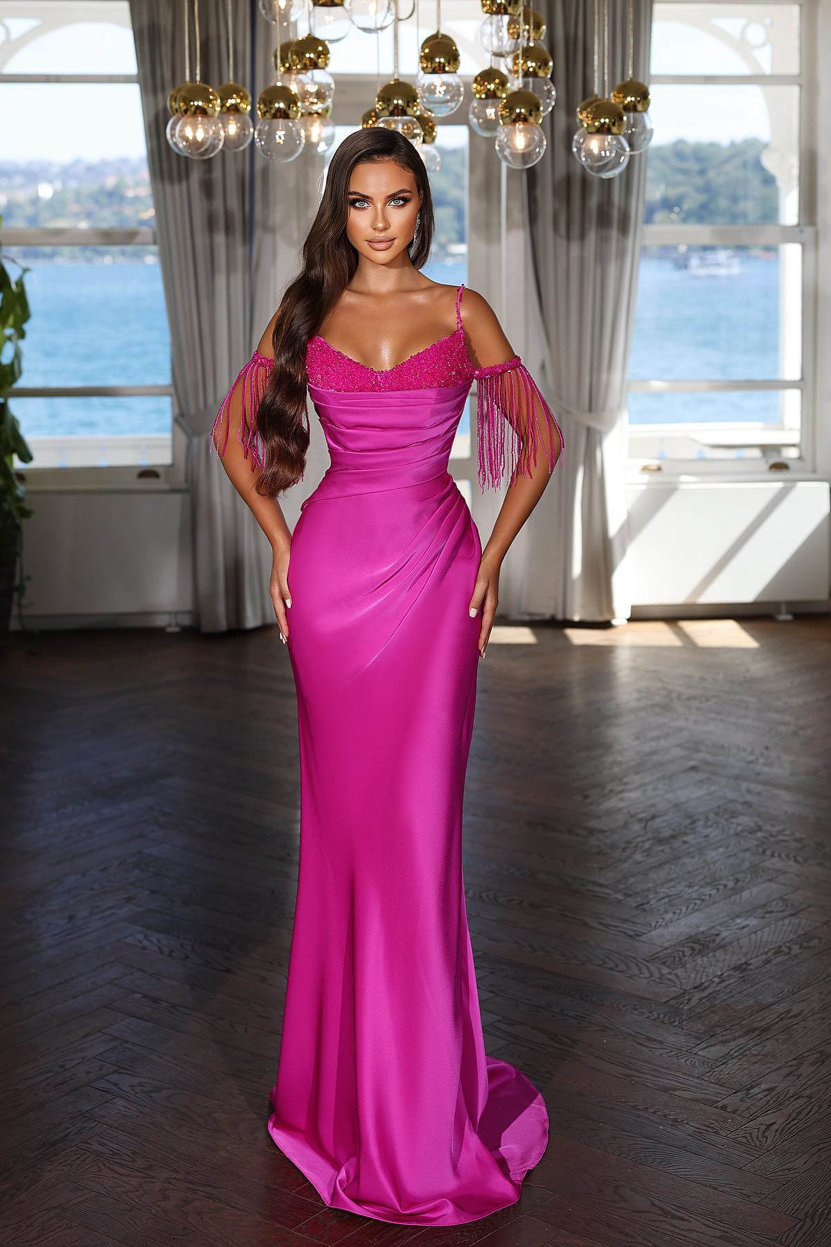 Sexy Floor-Length Spaghetti-Strap Mermaid Satin Evening Dress with Intricate Beads