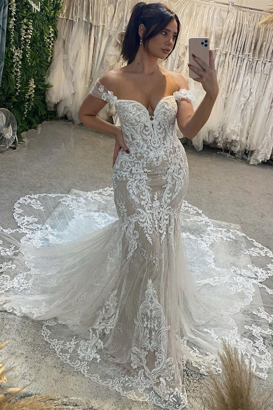 Trendy Floor Length Sweetheart Off-The-Shoulder Sleeveless Mermaid Lace Wedding Dress