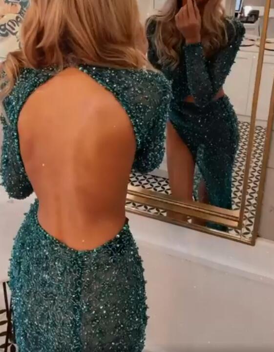 Sexy Green Long Sleeve Slit Prom Dress Long Sequins Beadings