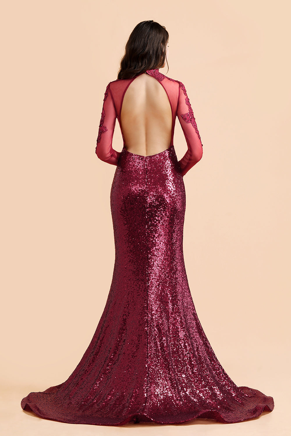 Sexy High-Neck Burgundy Sequined Slit Prom Dresses Long Sleeves Appliques Backless Formal Dress with Sheer Top