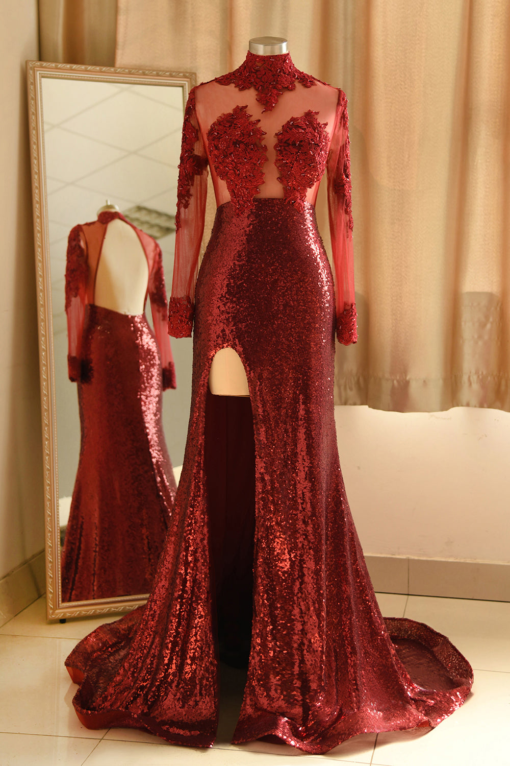 Sexy High-Neck Burgundy Sequined Slit Prom Dresses Long Sleeves Appliques Backless Formal Dress with Sheer Top