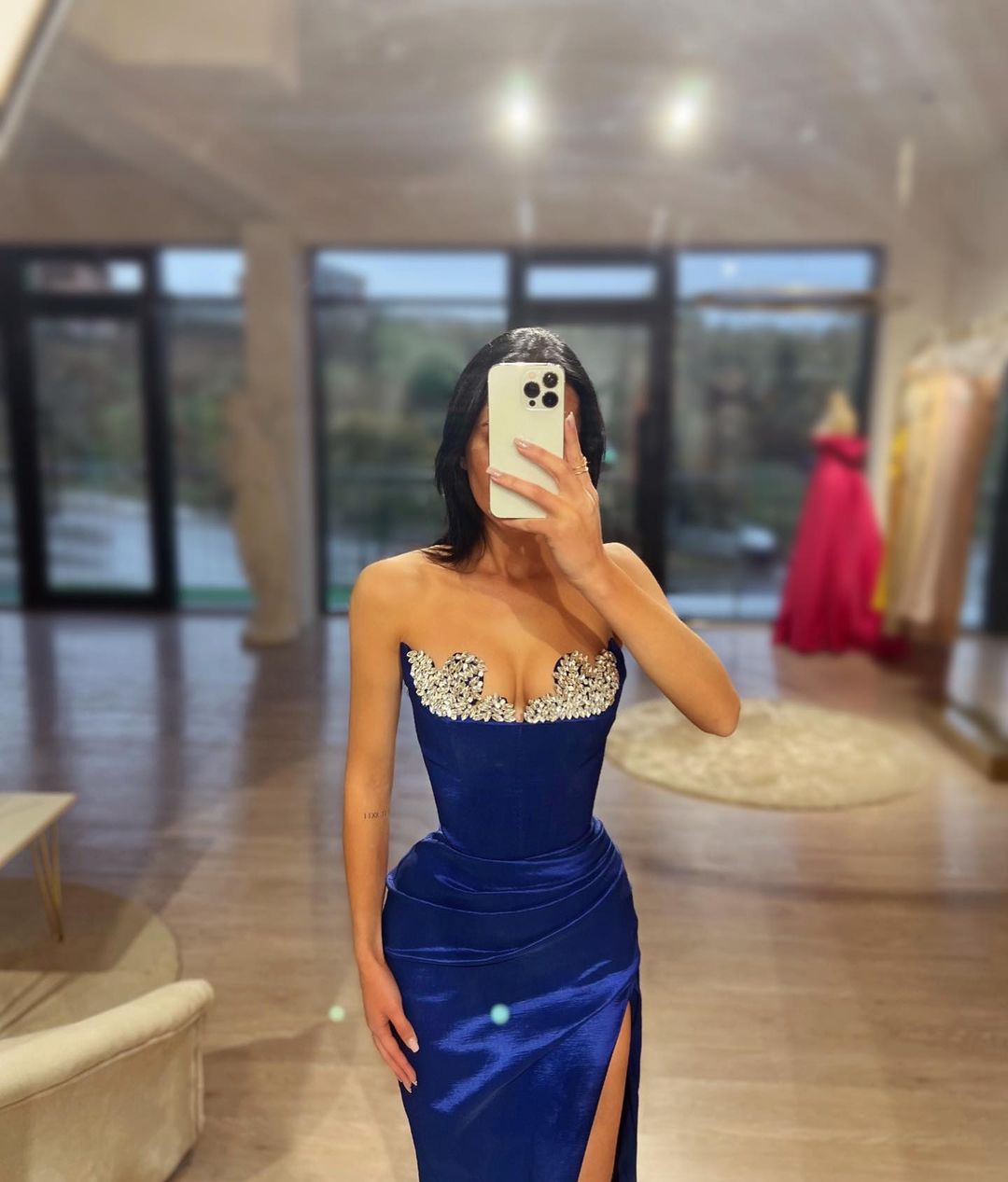 Sexy Long Column Royal Blue Sleeveless Split Prom Dress With Rhinestones