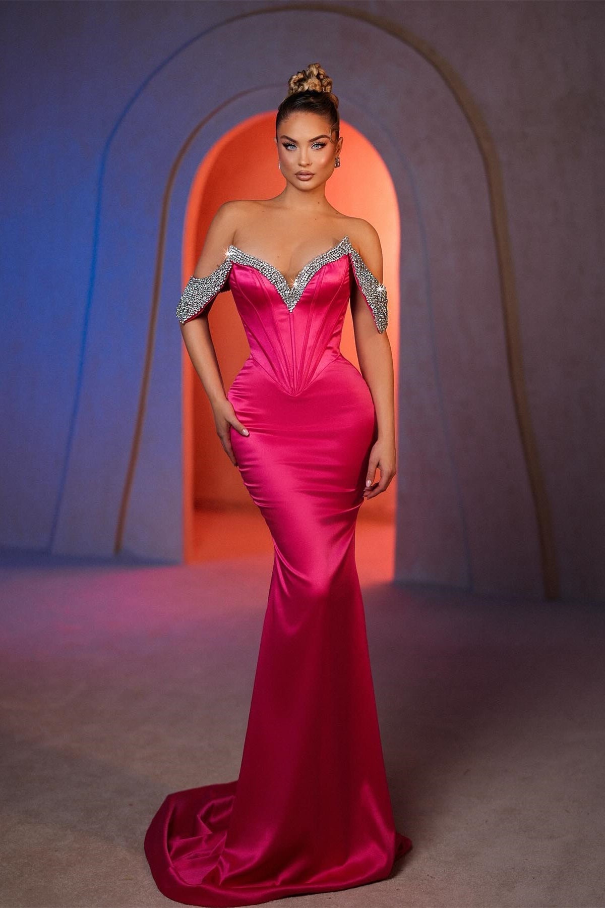 Sexy Mermaid Off-the-shoulder Sleeveless Rhinestone Satin Prom Dress