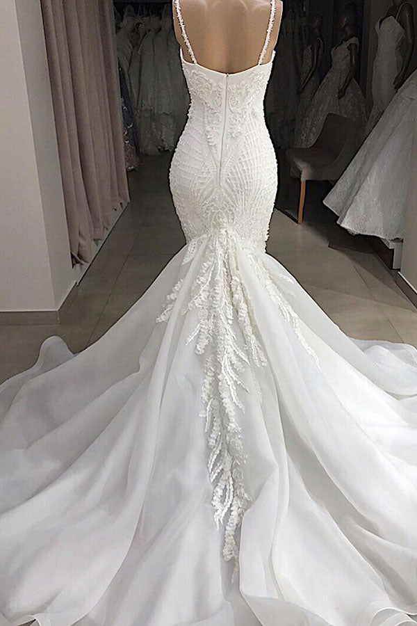 Sexy Mermaid Spaghetti Straps Ivory Wedding Dresses With Appliques Tulle Lace Bridal Gowns On Sale