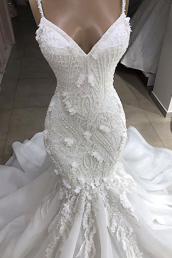 Sexy Mermaid Spaghetti Straps Ivory Wedding Dresses With Appliques Tulle Lace Bridal Gowns On Sale