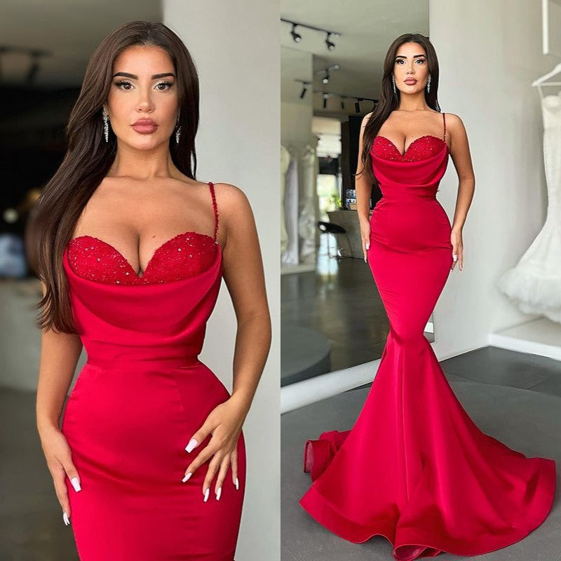 Sexy Red Spaghetti-Straps Mermaid Prom Dress Long On Sale