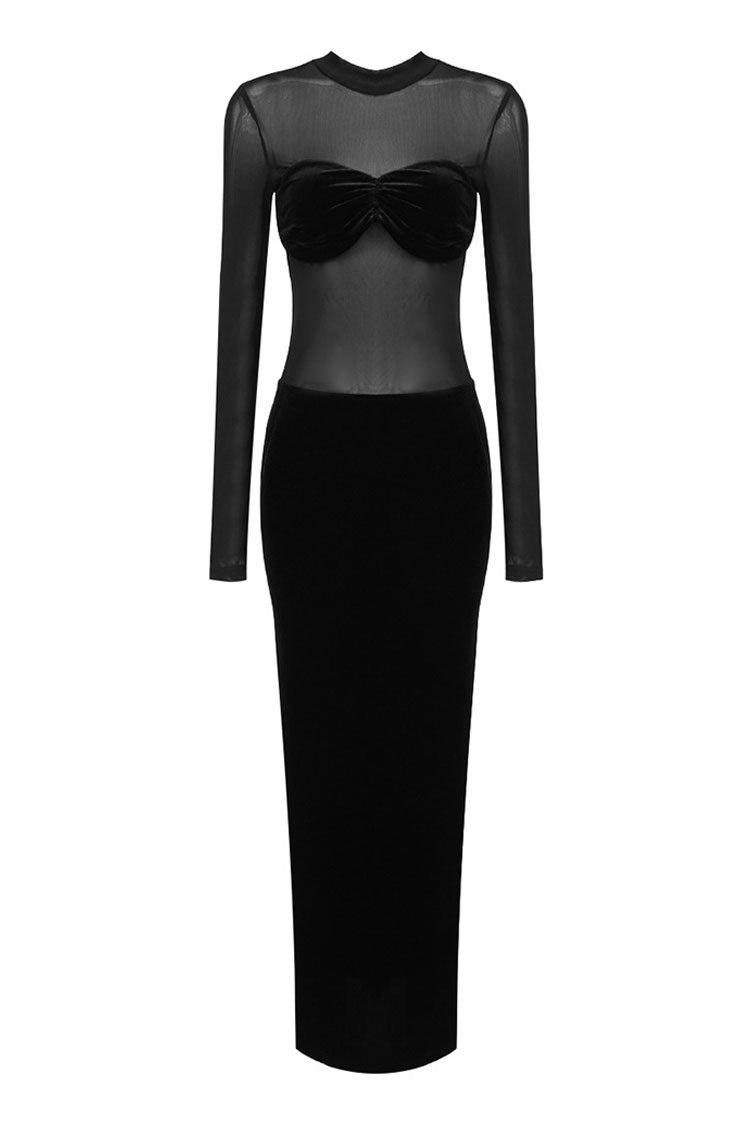 Sexy Sheer Mesh Mock Neck Bustier Long Sleeve Velvet Evening Maxi Dress