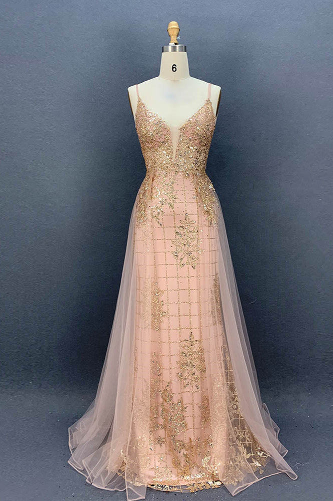 Sexy Spaghetti Straps V-Neck Prom Dresses with Gold Appliques Beadings