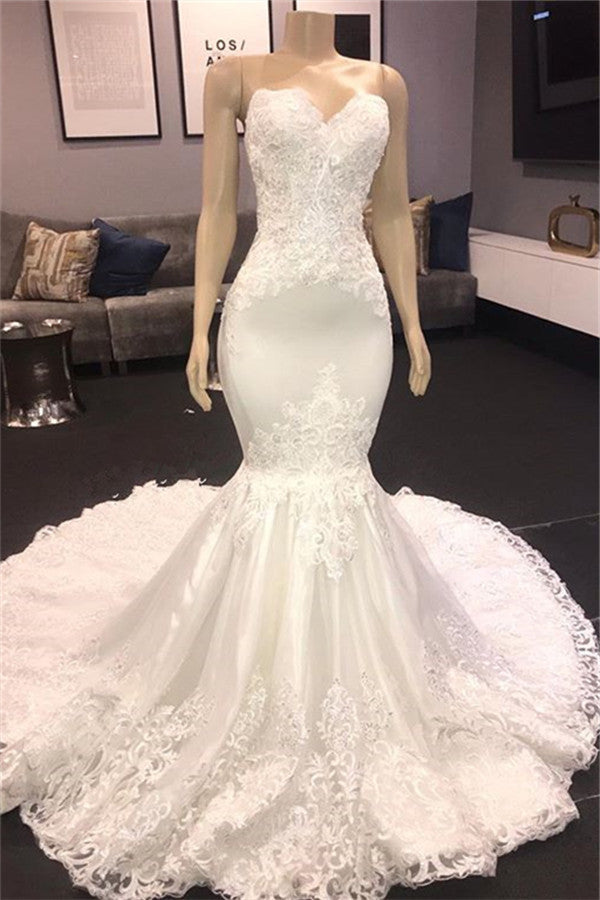 Sexy Sweetheart Mermaid Lace Wedding Dresses With Appliques Satin Ruffles Bridal Gowns