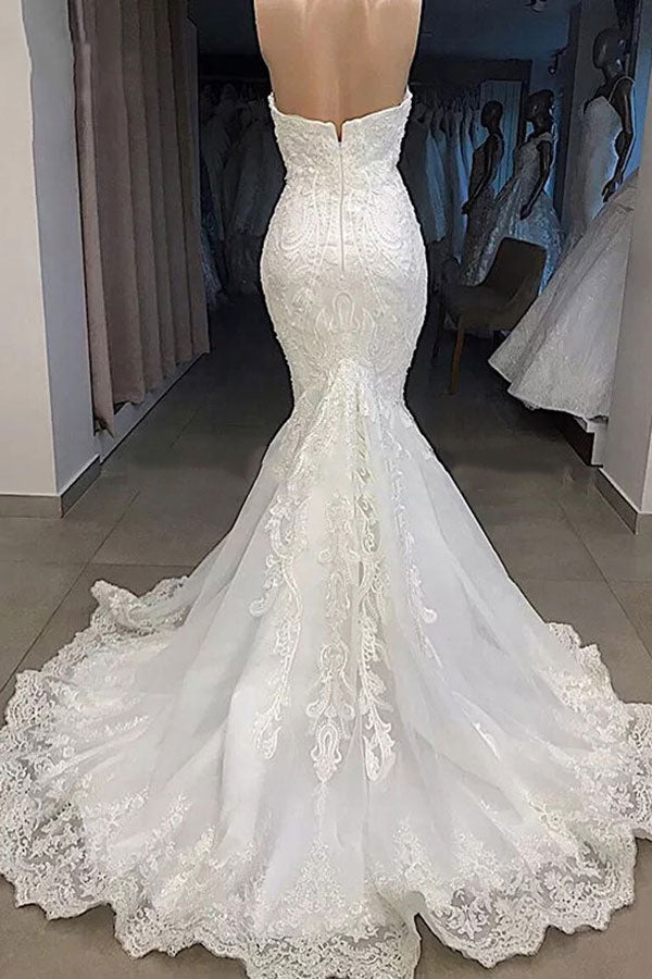 Sexy Sweetheart Off-the-shoulder White Wedding Dresses Mermaid Lace Bridal Gowns With Appliques