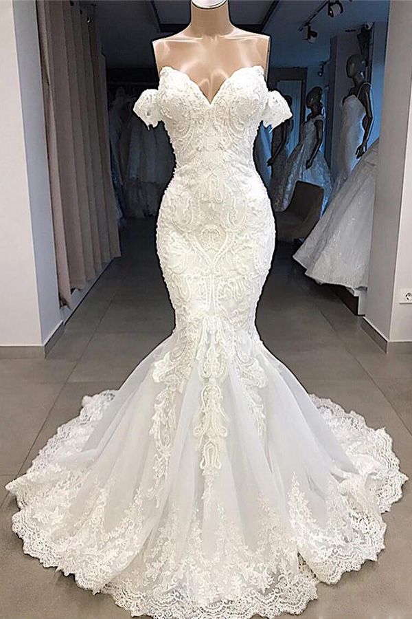 Sexy Sweetheart Off-the-shoulder White Wedding Dresses Mermaid Lace Bridal Gowns With Appliques