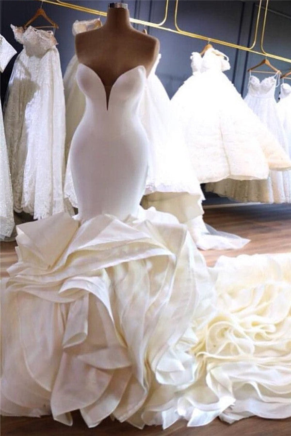 Sexy Sweetheart White Satin Wedding Dresses Mermaid Ruffles Bridal Gowns On Sale