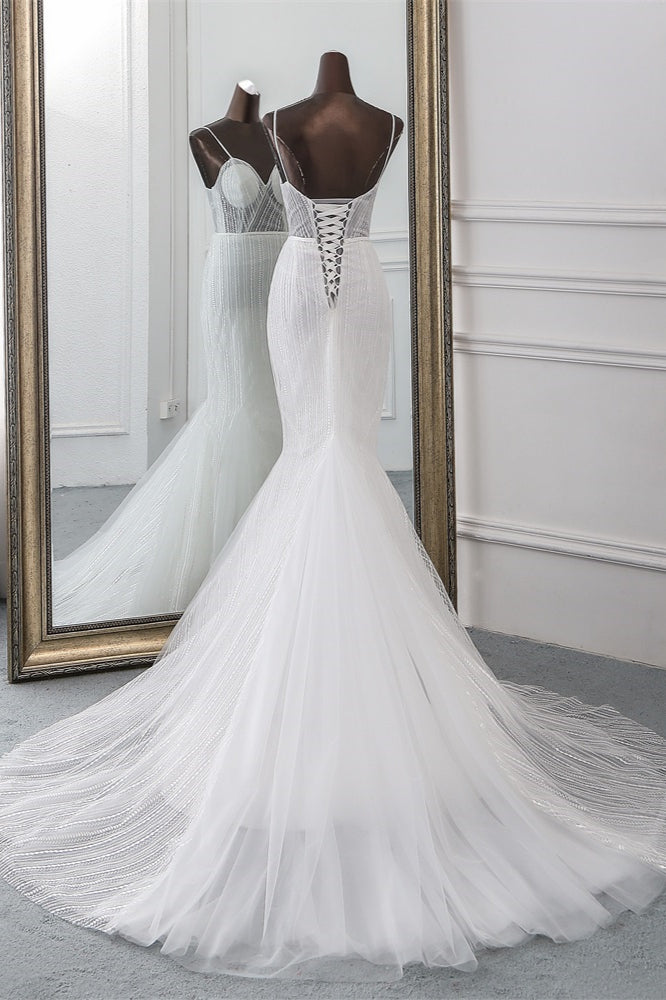 Sexy Tulle Spaghetti Straps Mermaid White Wedding Dresses with Rhinestones