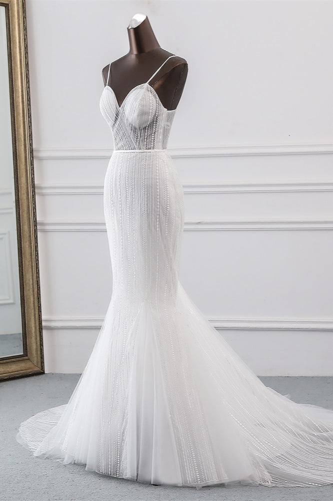 Sexy Tulle Spaghetti Straps Mermaid White Wedding Dresses with Rhinestones