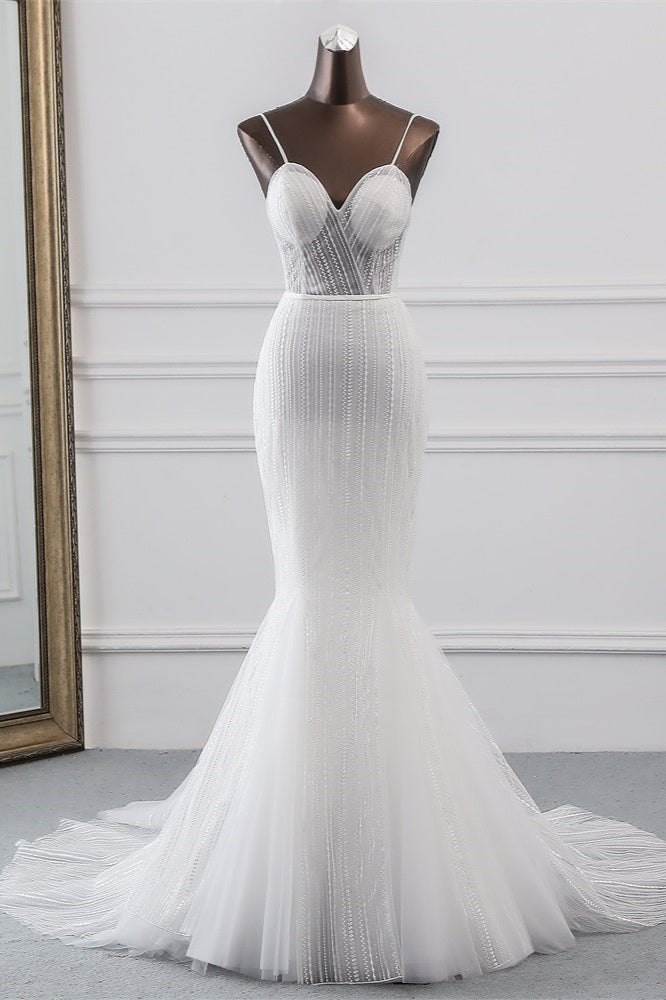 Sexy Tulle Spaghetti Straps Mermaid White Wedding Dresses with Rhinestones