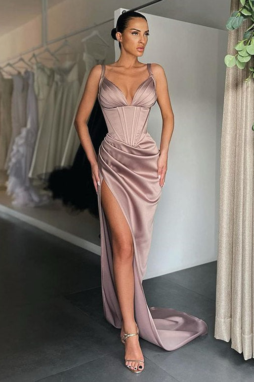 Sexy V-neck High-split Mermaid Ruched Long Prom Dress