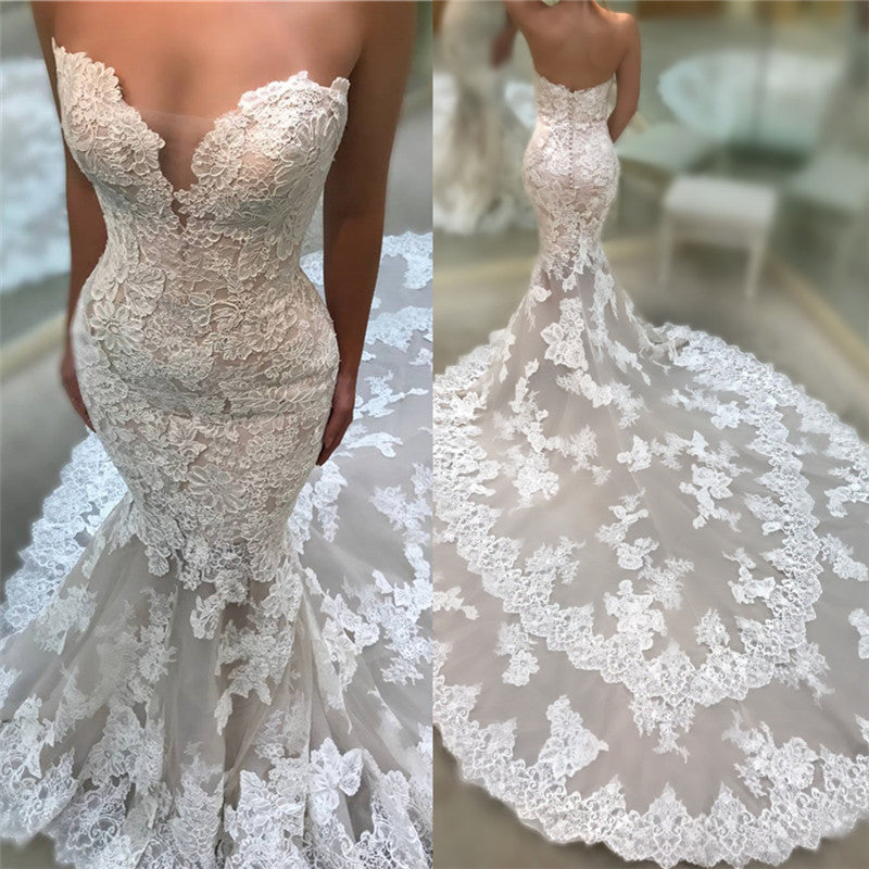 Sexy V-neck Long Mermaid Wedding Dress Lace