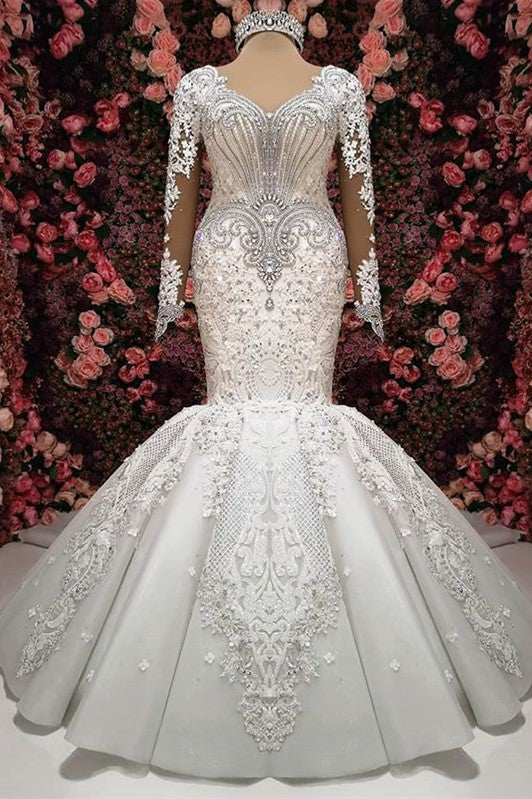 Sexy V-neck Longsleeves Lace Wedding Dresses With Appliques White Mermaid Bridal Gowns