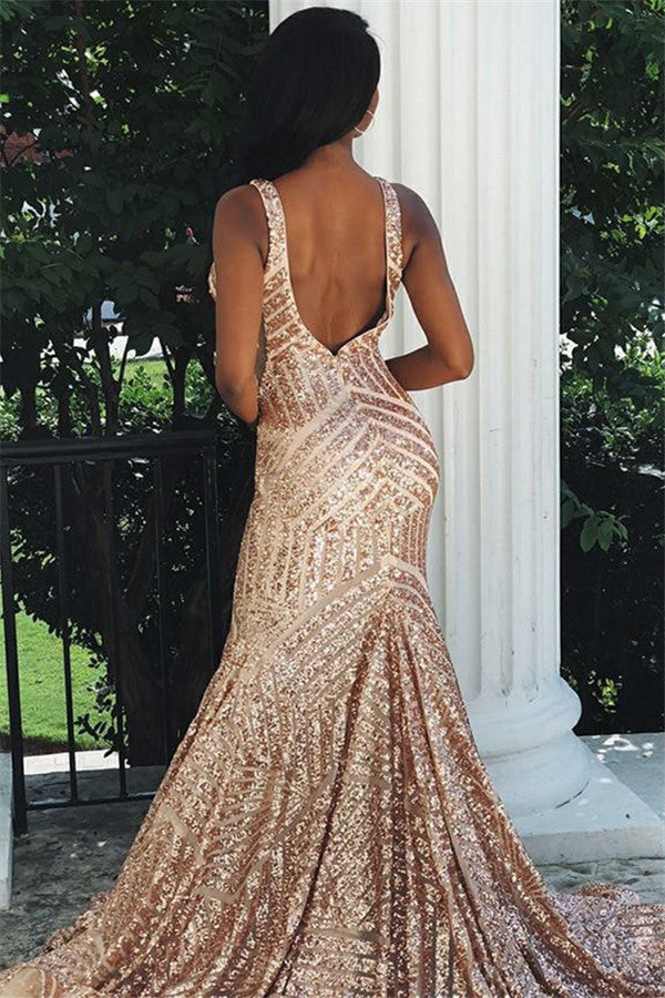 Sexy V-Neck Sequins Prom Dress Mermaid Sleeveless Long