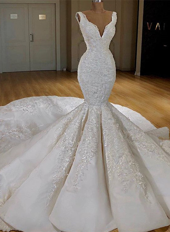 Sexy White Mermaid Ruffles Wedding Dresses Straps Sleeveless V-neck Bridal Gowns With Appliques