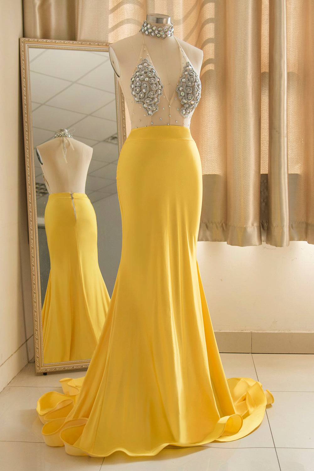 Sexy Yellow Halter Backless Prom Dress Long Mermaid With Crystals