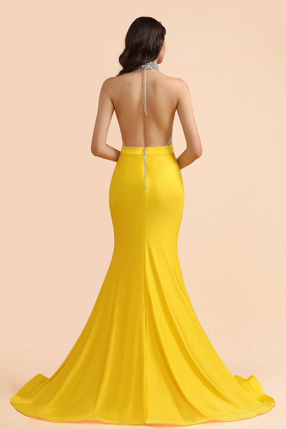 Sexy Yellow Halter Backless Prom Dress Long Mermaid With Crystals