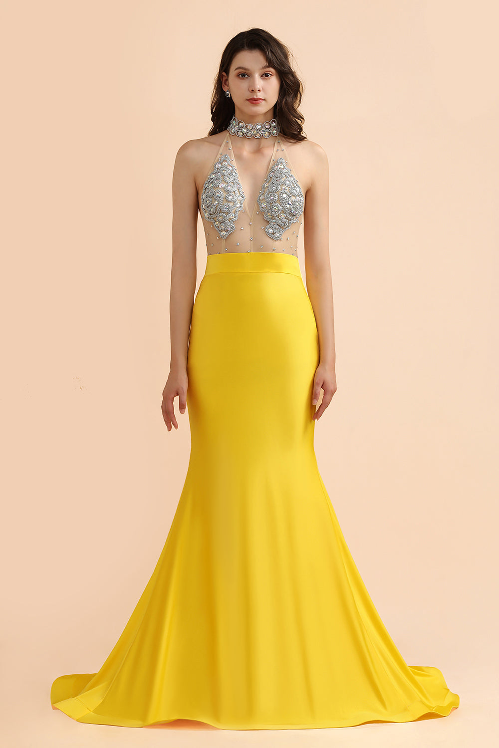 Sexy Yellow Halter Backless Prom Dress Long Mermaid With Crystals