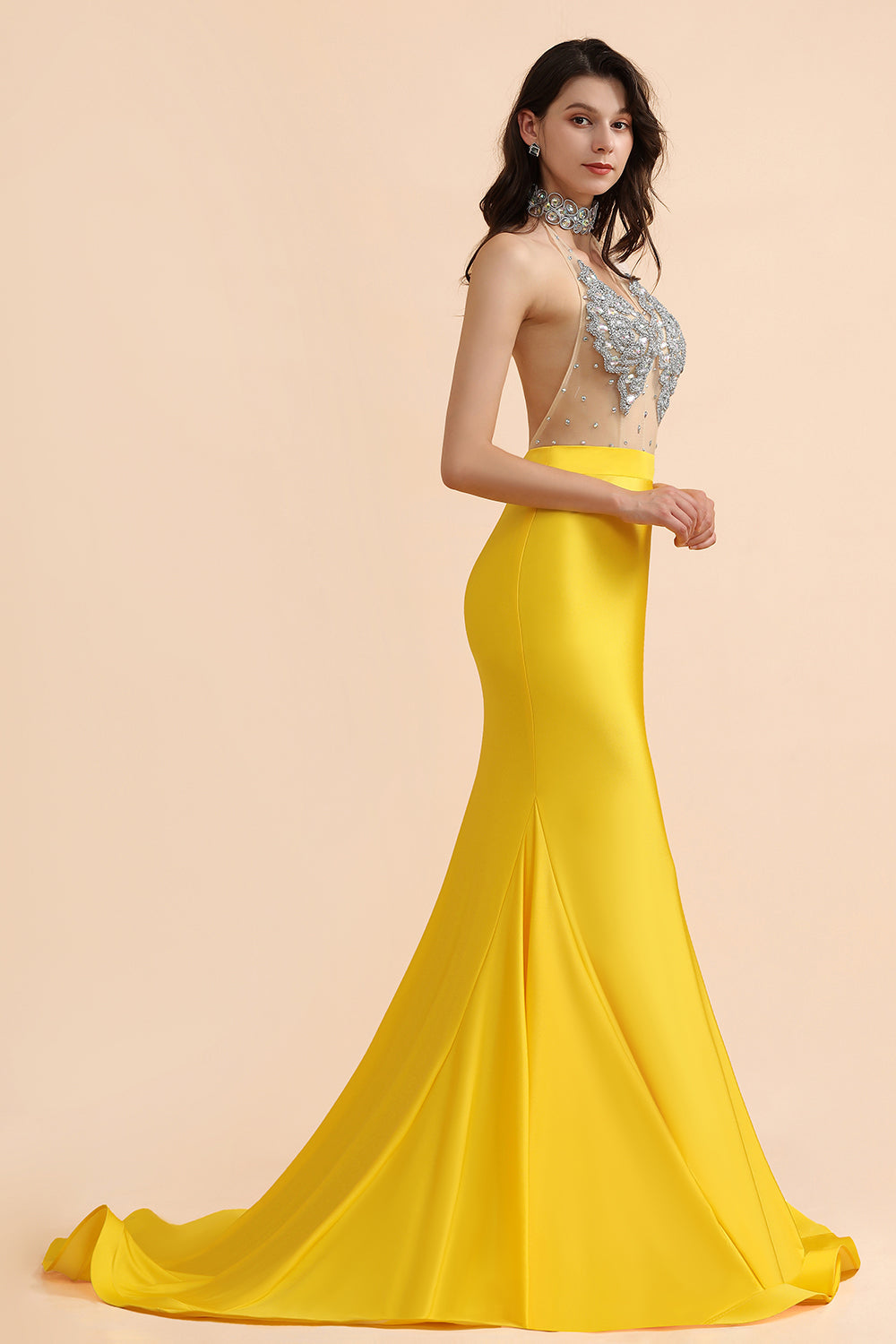 Sexy Yellow Halter Backless Prom Dress Long Mermaid With Crystals