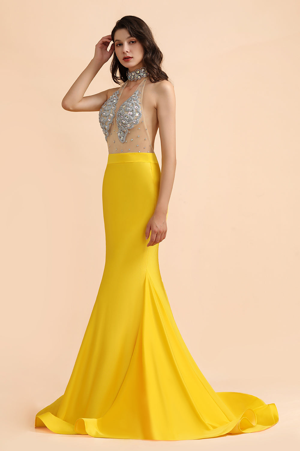 Sexy Yellow Halter Backless Prom Dress Long Mermaid With Crystals