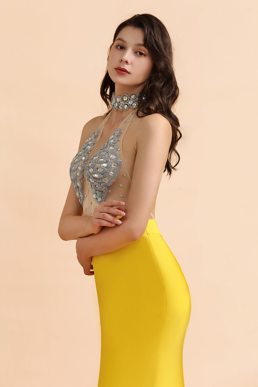 Sexy Yellow Halter Backless Prom Dress Long Mermaid With Crystals