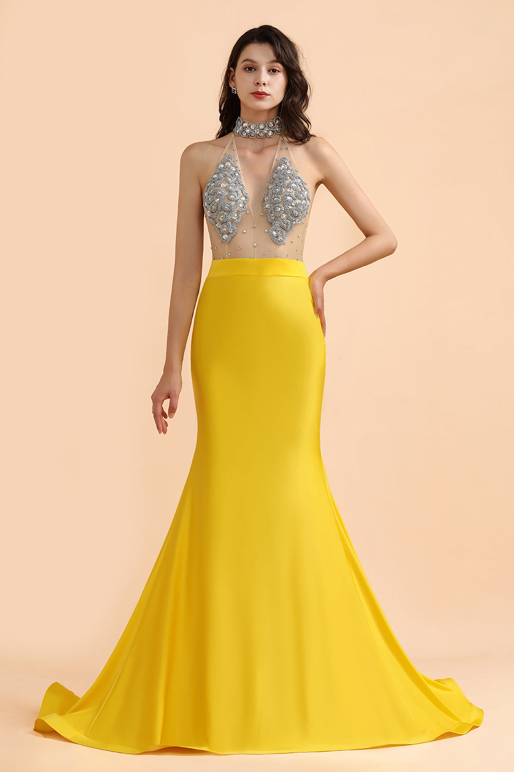 Sexy Yellow Halter Backless Prom Dress Long Mermaid With Crystals