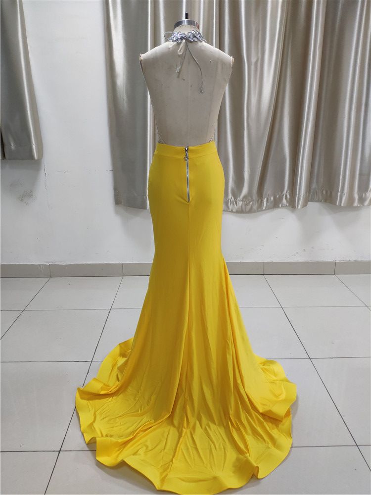 Sexy Yellow High Neck Ruffle Prom Dress Affordable with Backless