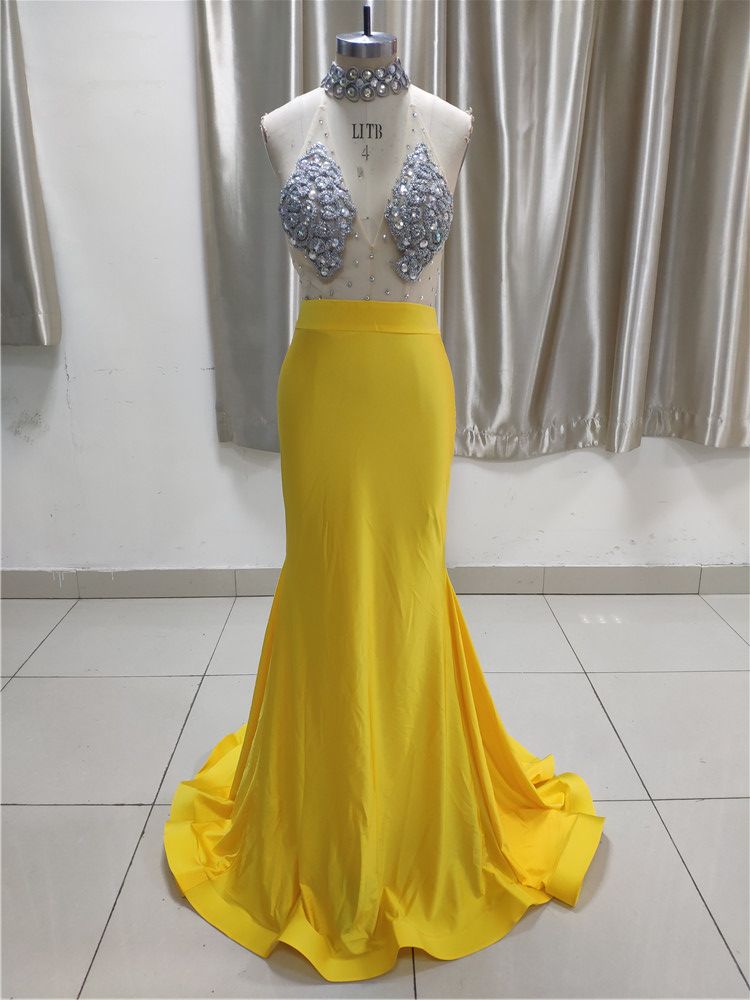 Sexy Yellow High Neck Ruffle Prom Dress Affordable with Backless