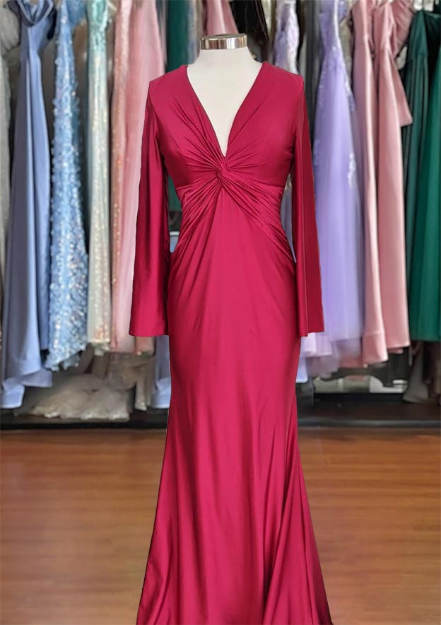 Sheath Column V-Neck Jersey Prom Dress/Evening Dress with Pleated Full-Length Skirt