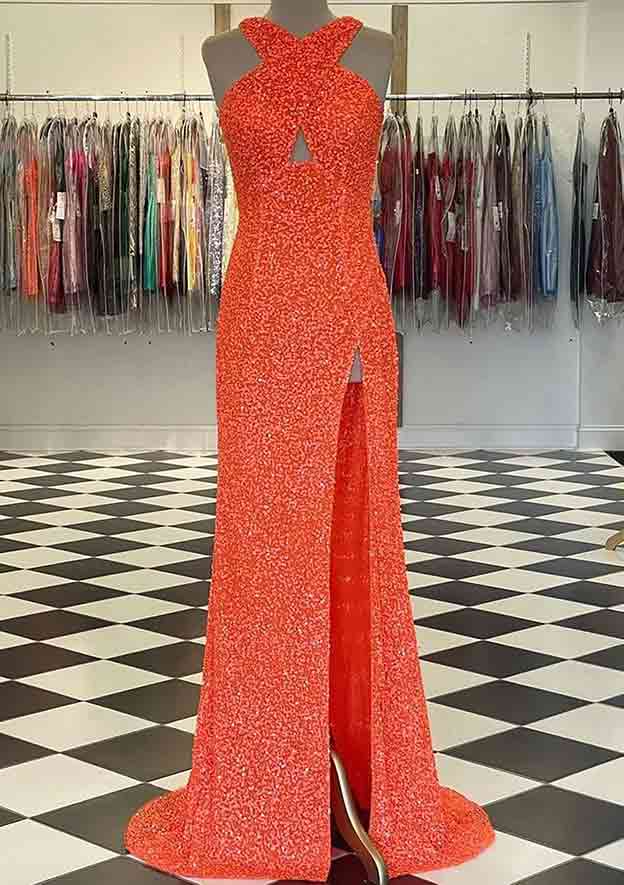 Sheath/Column Halter Sleeveless Prom Dress/Evening Dress for Court Train