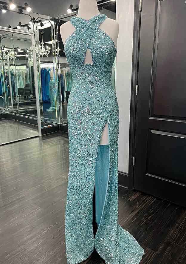 Sheath/Column Halter Sleeveless Sweep Train Velvet Sequins Prom Dress/Evening Dress With Split