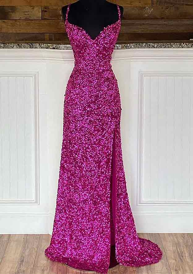 Sheath/Column V-Neck Sleeveless Velvet Sequins Prom Dress/Evening Dress with Split and Sweep Train