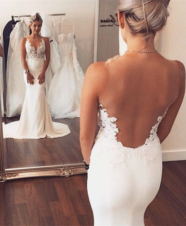 Sheer back Mermaid Wedding Dress Sleeveless Lace summer Beach Bridal Gowns