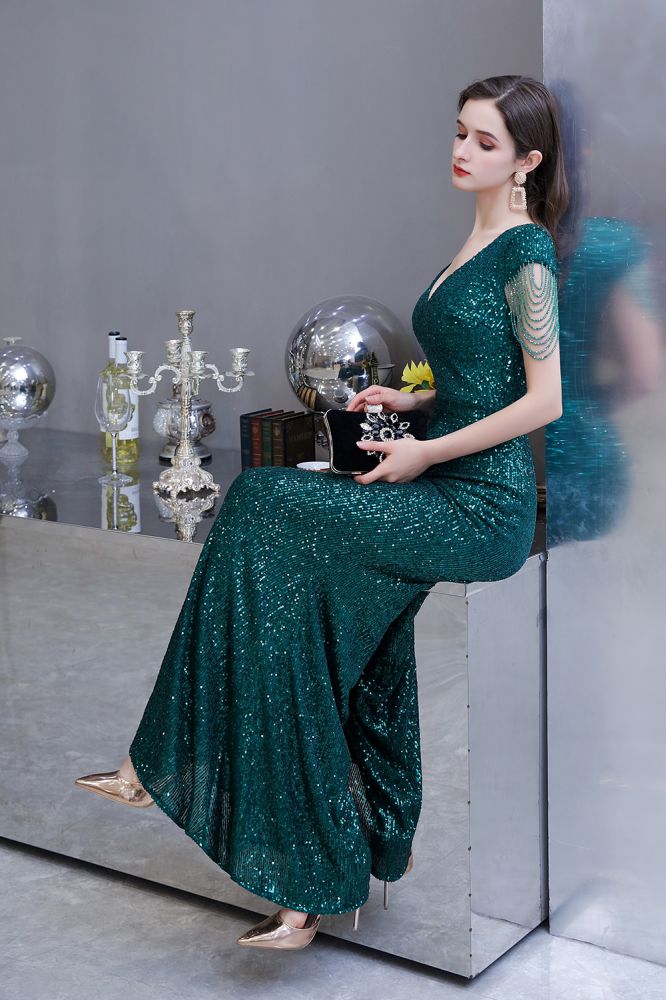 Shining Sequined Emerald Green Mermaid Cap sleeve Long Prom Party Gowns