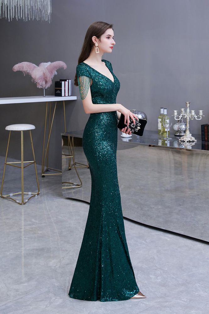 Shining Sequined Emerald Green Mermaid Cap sleeve Long Prom Party Gowns