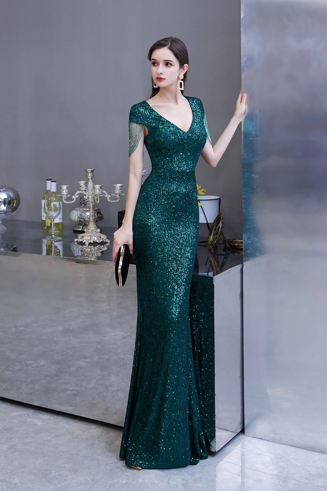 Shining Sequined Emerald Green Mermaid Cap sleeve Long Prom Party Gowns