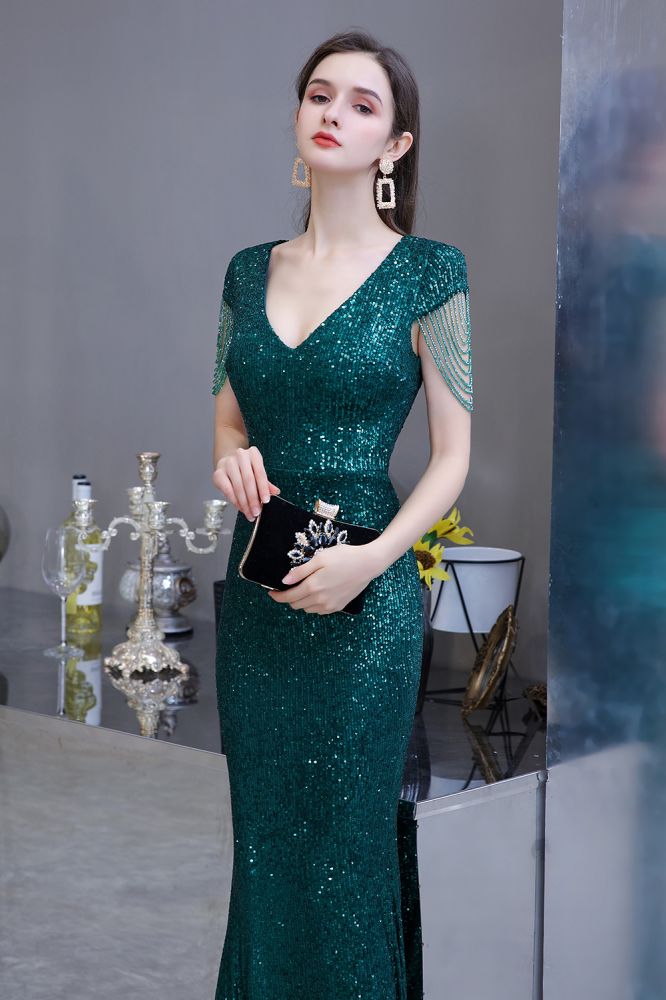 Shining Sequined Emerald Green Mermaid Cap sleeve Long Prom Party Gowns