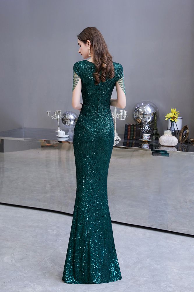 Shining Sequined Emerald Green Mermaid Cap sleeve Long Prom Party Gowns