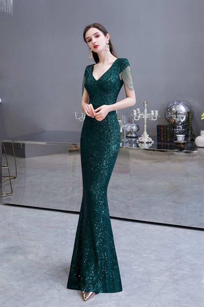 Shining Sequined Emerald Green Mermaid Cap sleeve Long Prom Party Gowns