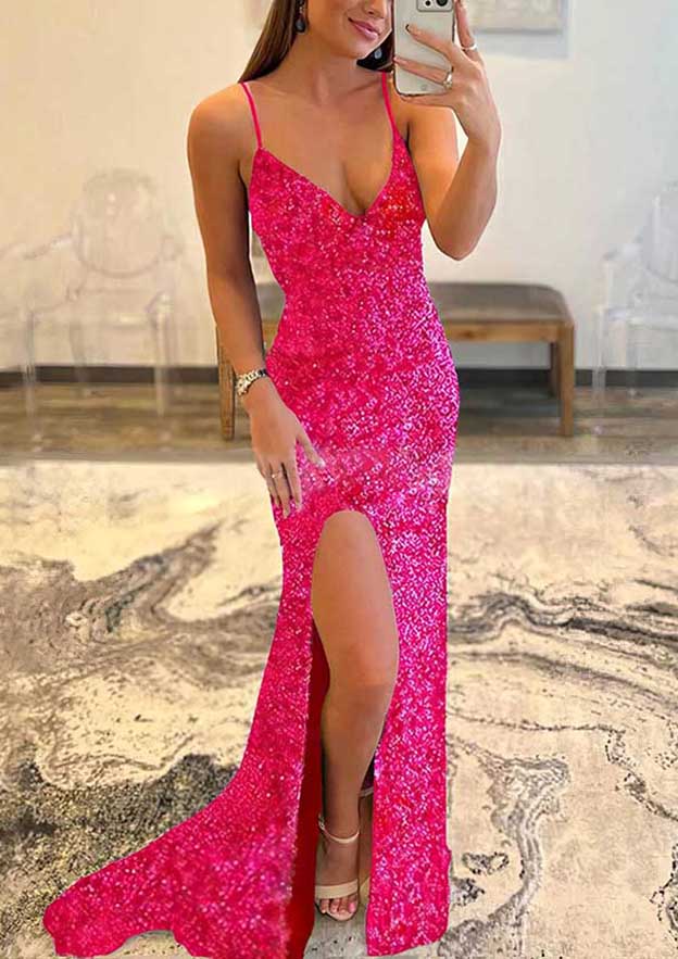 Shining Trumpet/Mermaid V-Neck Sleeveless Prom Dress/Evening Dress With Split and Allover Sparkly Sequins