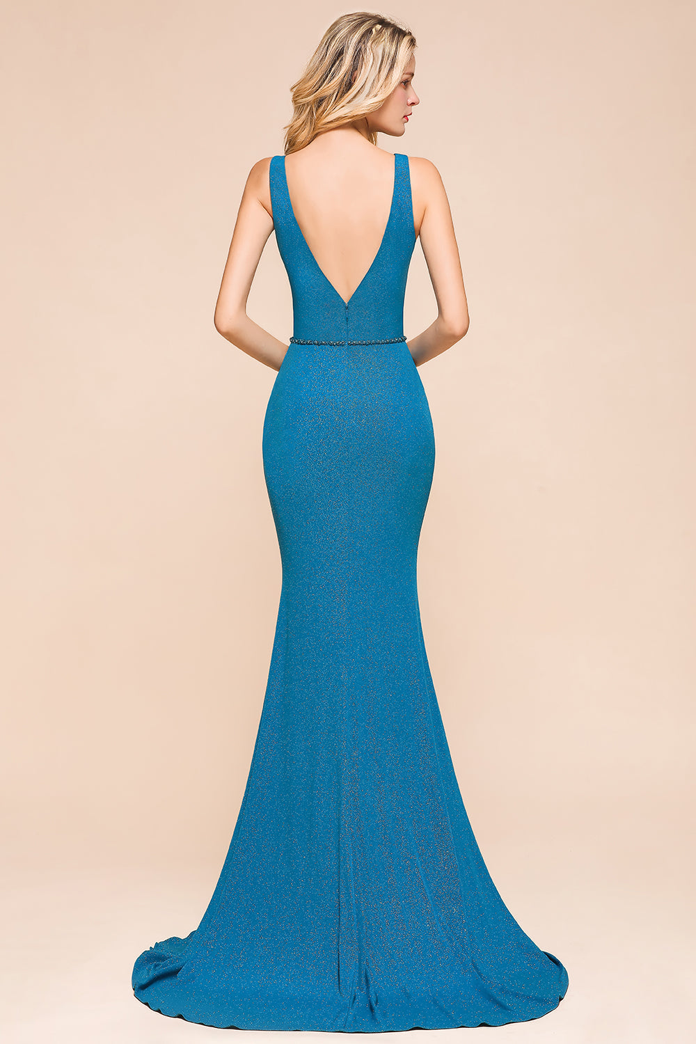 Shinning Blue Mermaid Long Prom Dress V-Neck Sleeveless Long Evening Gowns