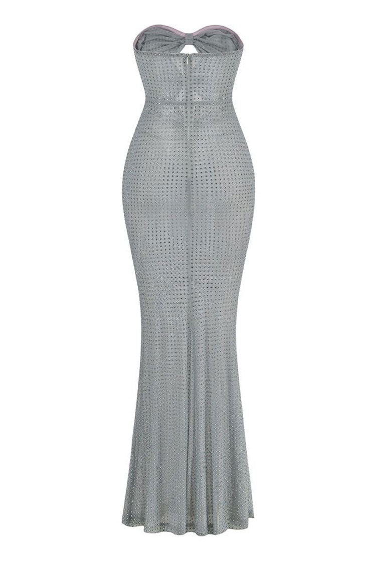 Shiny Crystal Bow Cutout Strapless Sheer Mesh Mermaid Evening Maxi Dress